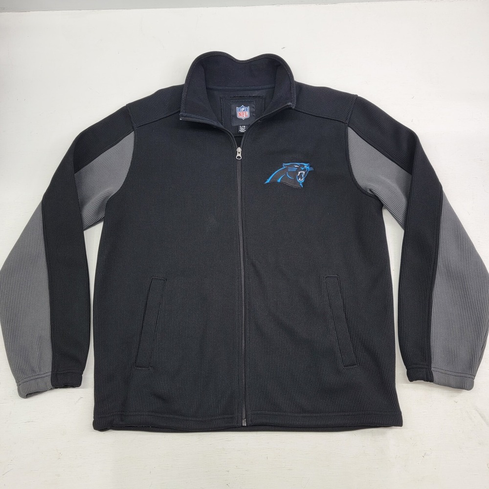 NFL Carolina Panthers Mens Sz L Black Gray Zip Fleece Lined Knit Shell‎ Jacket